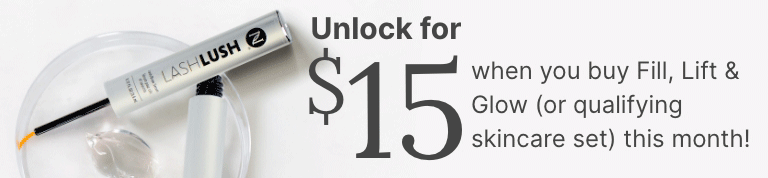 A GIF with two frames: first, a LashLash 3-in-1 Lash & Brow Serum on a clear dish, promoting a $15 offer with qualifying skincare sets. Second, a NeoraFit Plant-Based Protein Powder bag with a shaker bottle, promoting the same $15 offer with qualifying NeoraFit sets.